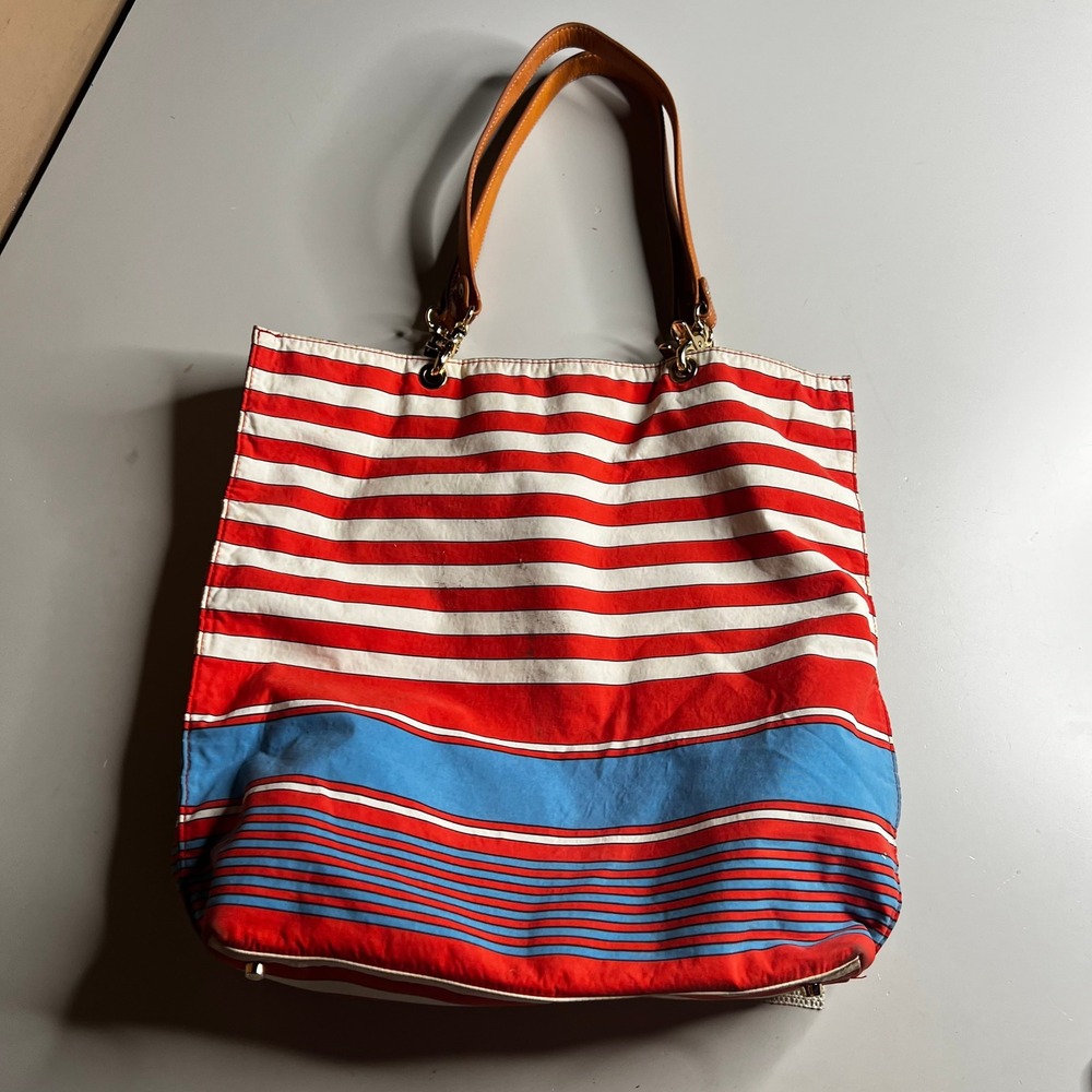 J.McLaughlin Striped Canvas Tote Bag Red White Blue Leather Trim Nautical Large